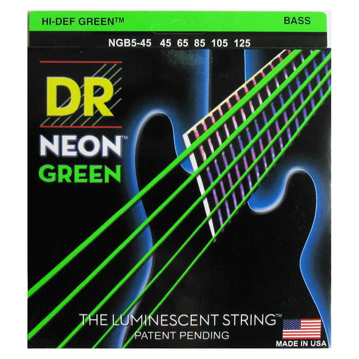 DR Strings HI-DEF NEON Green 5-String Bass Strings 45-125 Medium NGB5-45